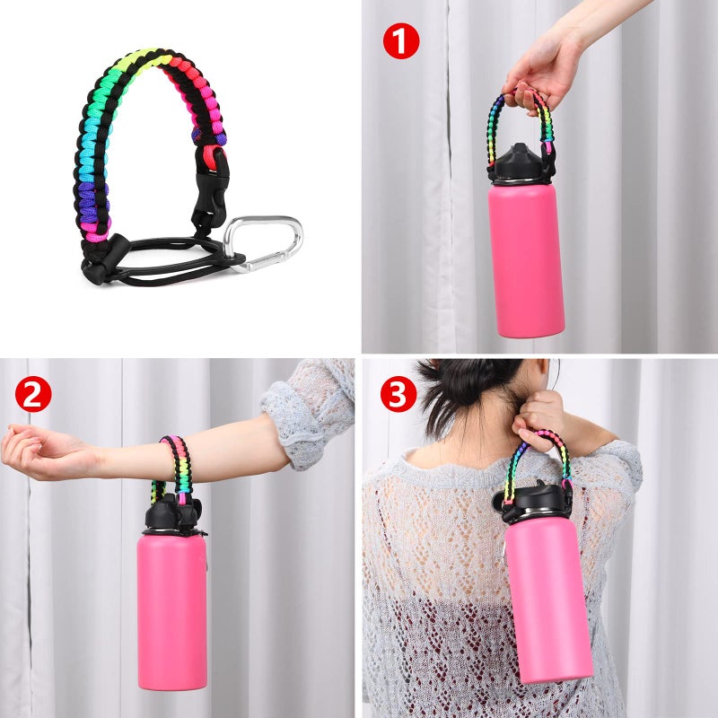 Wongeto Paracord Handle Carrier Holder with Shoulder Strap,Compatible with Hydro Flask Wide Mouth Water Bottles 12oz - 64 oz Water Bottle for Walking Hiking Camping (Rainbow) - Image 4